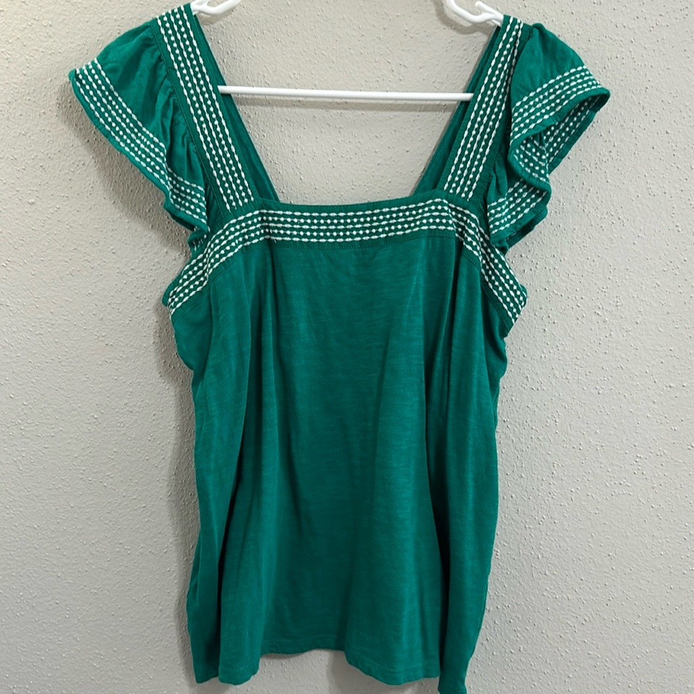 LOFT Green Stitched Ruffle Sleeve Top NWOT